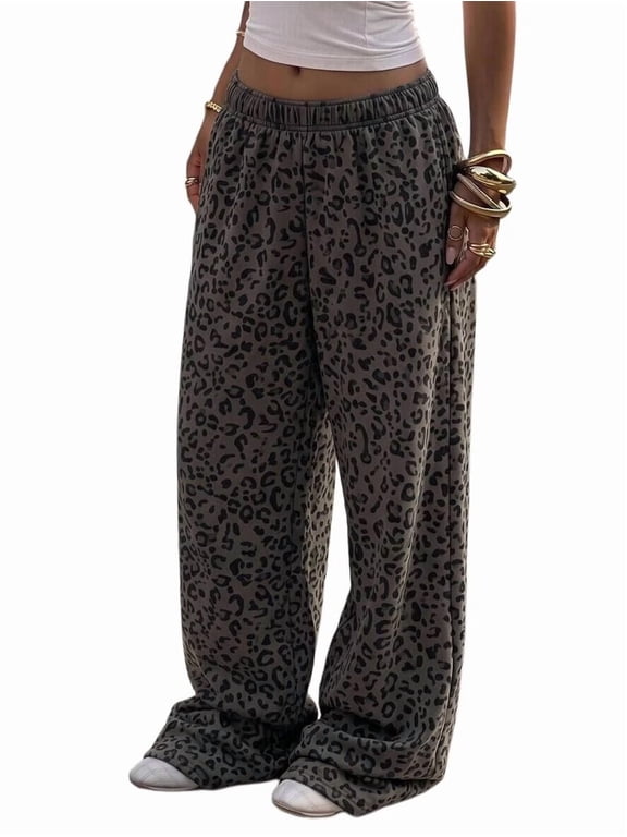 Women'S Casual Loose Fashion Leopard Print Pattern Elastic Waist Wide Leg Sweatpants Dark Gray Leopard M