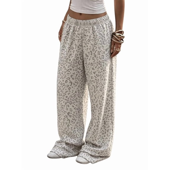 Women'S Casual Loose Fashion Leopard Print Pattern Elastic Waist Wide Leg Sweatpants Light Gray Leopard M