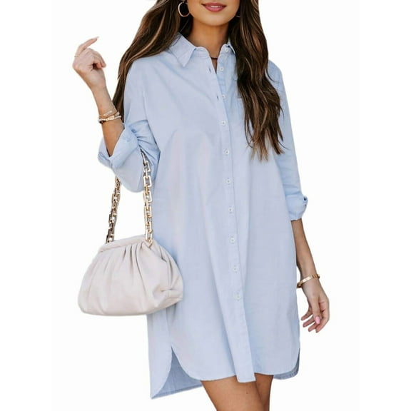 Women'S Casual Loose Fit Long Sleeve Solid Striped Button Down Shirts Dresses Blue M
