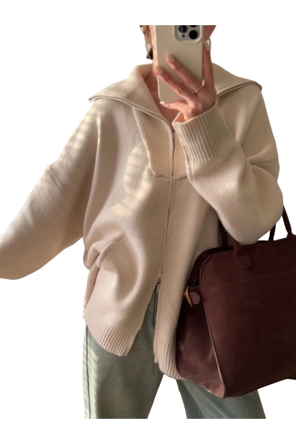 Women'S Casual Loose Long Sleeve Lapel Cardigan Fall Winter Thick Lazy Sweater with Double Zippers Cream White One size