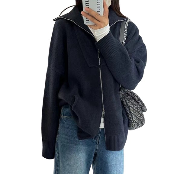 Women'S Casual Loose Long Sleeve Lapel Cardigan Fall Winter Thick Lazy Sweater with Double Zippers Tibet One size