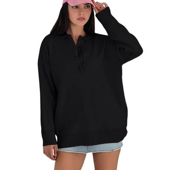 Women'S Casual Loose Long Sleeve Lapel Pullover Sweater Solid Color Lazy Style Knitted Top Black M