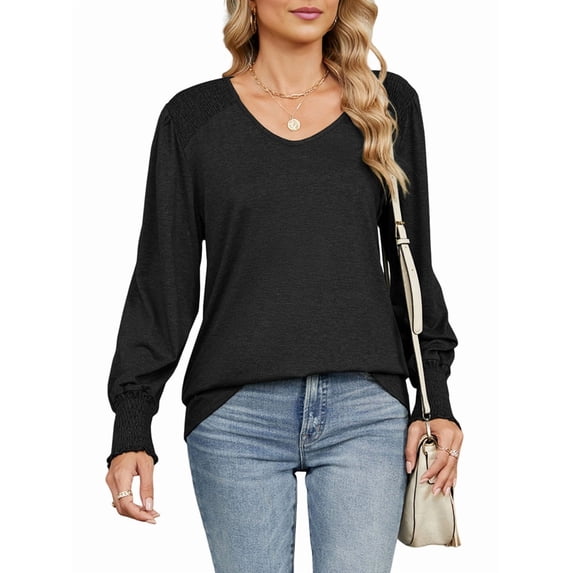 Women'S Casual Loose Long Sleeve Shirts Shirred V-Neck Tops Trendy Blouses Black S