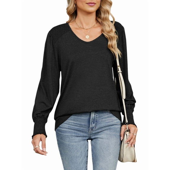 Women'S Casual Loose Long Sleeve Shirts Shirred V-Neck Tops Trendy Blouses Black S