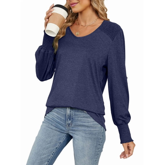 Women'S Casual Loose Long Sleeve Shirts Shirred V-Neck Tops Trendy Blouses Navy Blue XL