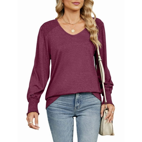 Women'S Casual Loose Long Sleeve Shirts Shirred V-Neck Tops Trendy Blouses Wine Red M