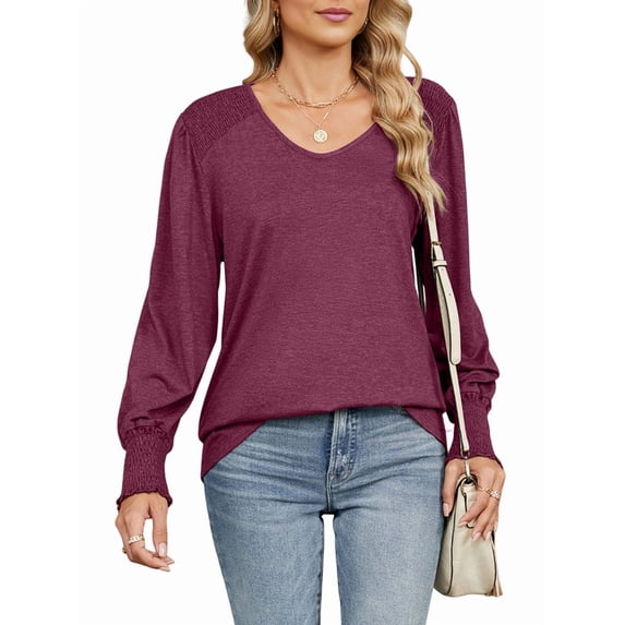 Women'S Casual Loose Long Sleeve Shirts Shirred V-Neck Tops Trendy Blouses Wine Red S