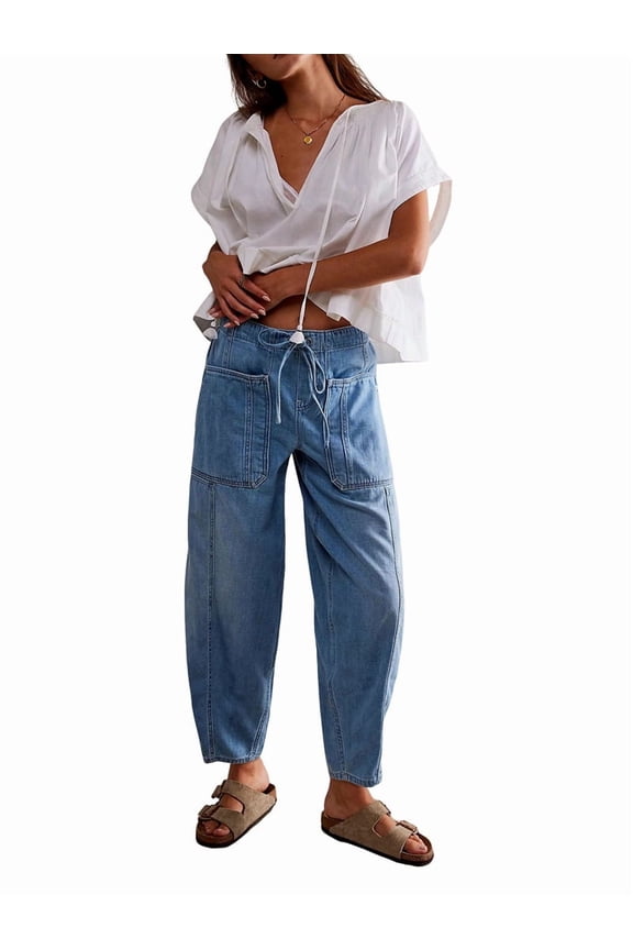 Women'S Casual Loose Low-Rise Denim Cropped Pants Elastic Waistband Pockets Light Blue L