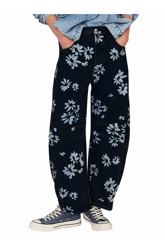 Women'S Casual Loose Wide Leg Mid-Rise Straight Jeans Y2k Boyfriend Style Jeans Denim Cropped Pants Black Flowers XXL