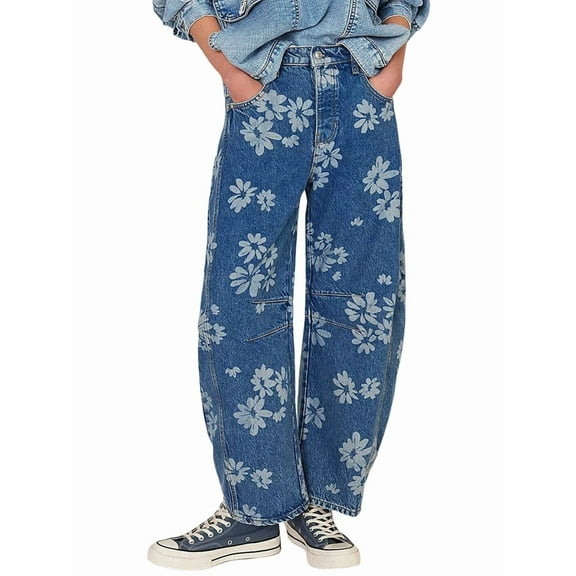 Women'S Casual Loose Wide Leg Mid-Rise Straight Jeans Y2k Boyfriend Style Jeans Denim Cropped Pants Blue Flowers XL