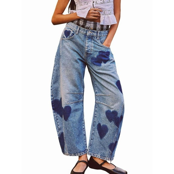 Women'S Casual Loose Wide Leg Mid-Rise Straight Jeans Y2k Boyfriend Style Jeans Denim Cropped Pants Blue Love M