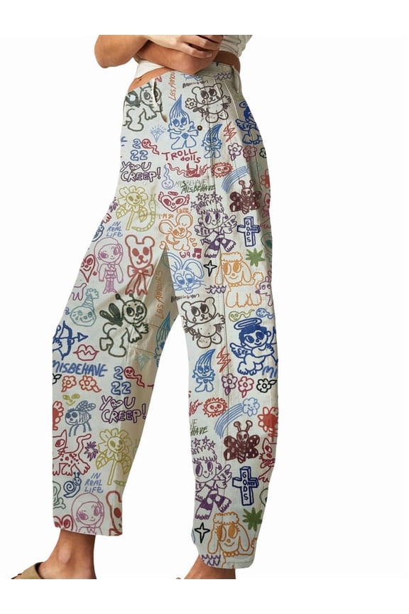 Women'S Casual Loose Wide Leg Mid-Rise Straight Jeans Y2k Boyfriend Style Jeans Denim Cropped Pants White Cartoon XL