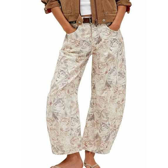 Women'S Casual Loose Wide Leg Mid-Rise Straight Jeans Y2k Boyfriend Style Jeans Denim Cropped Pants White Cat M