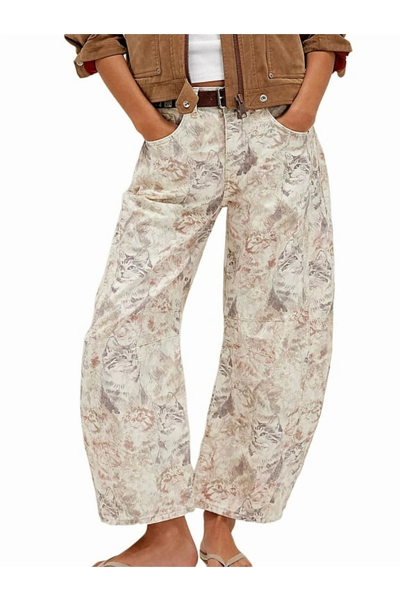 Women'S Casual Loose Wide Leg Mid-Rise Straight Jeans Y2k Boyfriend Style Jeans Denim Cropped Pants White Cat XXL