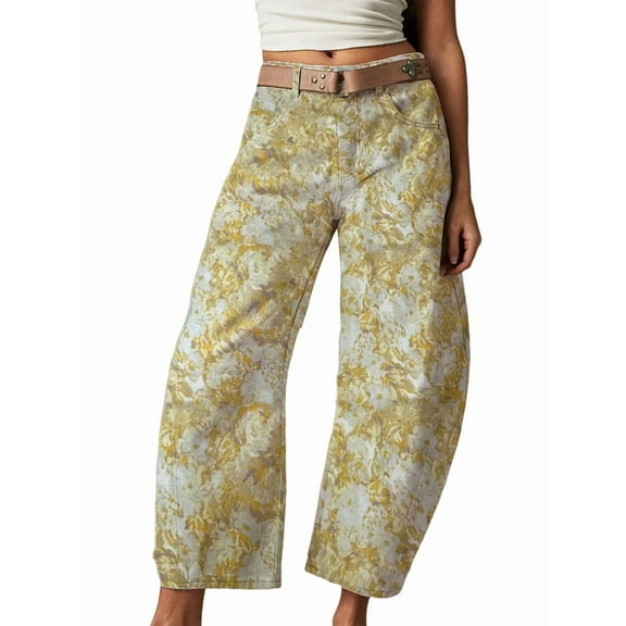 Women'S Casual Loose Wide Leg Mid-Rise Straight Jeans Y2k Boyfriend Style Jeans Denim Cropped Pants Yellow Flowers L