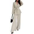 thumbnail image 1 of Women'S Casual Lounge Two Piece Outfits Long Sleeve V Neck Wrap Tie Waist Shirt Wide Leg Pants Sets Color L, 1 of 9
