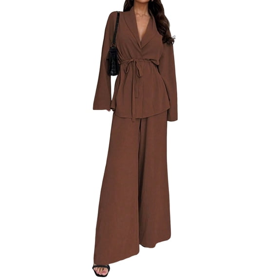 Women'S Casual Lounge Two Piece Outfits Long Sleeve V Neck Wrap Tie Waist Shirt Wide Leg Pants Sets Dark Brown XXL