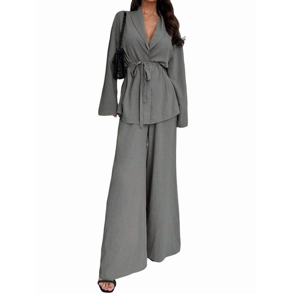 Women'S Casual Lounge Two Piece Outfits Long Sleeve V Neck Wrap Tie Waist Shirt Wide Leg Pants Sets Gray XXL