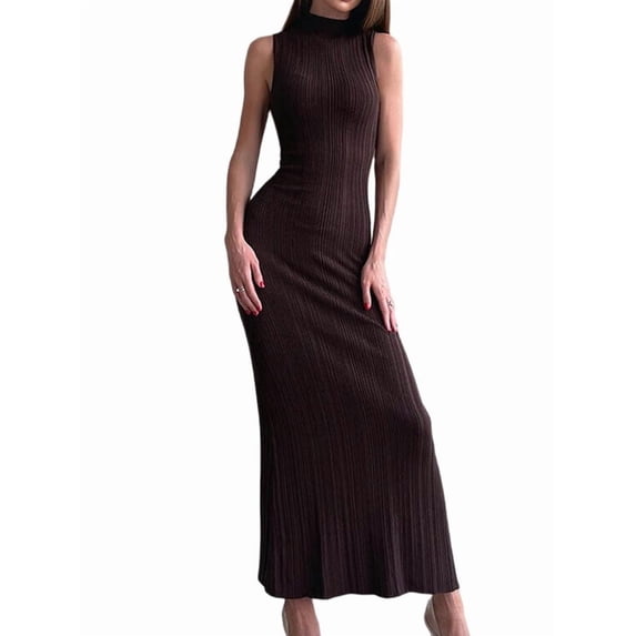 Women'S Casual Maxi Dress Ribbed Knit Sleeveless Slim Fit Elegant Going Out Beach Vacation Clothing Coffee Color M