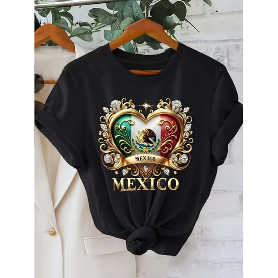 Women'S Casual Mexico Graphic Print T-Shirt, Short Sleeve Crew Neck Top, Heart Pattern, Regular Length, All Seasons, 200gsm Knit Fabric