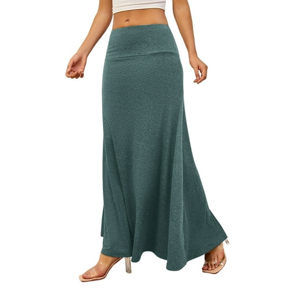 Women'S Casual Mid Long Skirts Stretchy Ultra-Soft Flowy Maxi Formal Skirts High Waist Lounge Skirts Dark Green L
