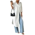 thumbnail image 1 of Women'S Casual Mid-Sleeves Button Down Shirts Solid Lapel Long Blouses Tops White L, 1 of 9
