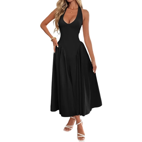 Women'S Casual Midi Dress V Neck Sundress Elegant Flowy A Line Beach Long Dress Black S