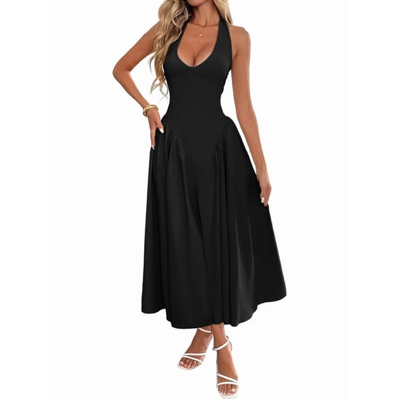 Women'S Casual Midi Dress V Neck Sundress Elegant Flowy A Line Beach Long Dress