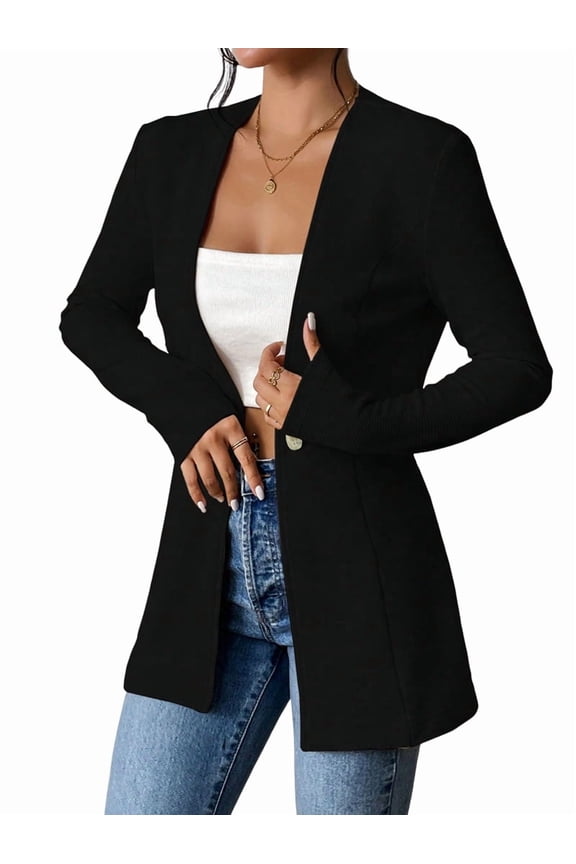 Women'S Casual One Button Waffle Open Front Long Sleeve Work Office Suit Jackets Black M