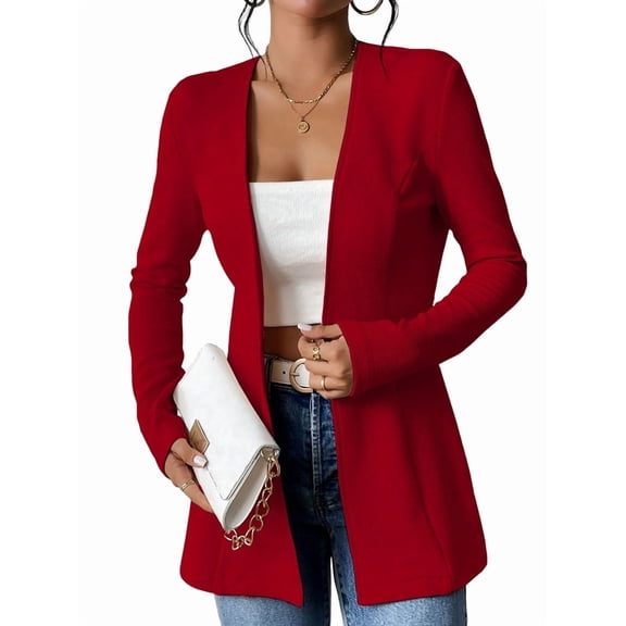 Women'S Casual One Button Waffle Open Front Long Sleeve Work Office Suit Jackets Red M