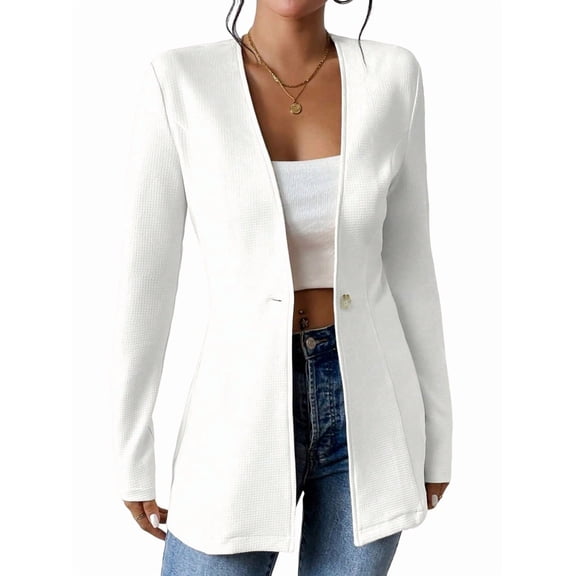Women'S Casual One Button Waffle Open Front Long Sleeve Work Office Suit Jackets White XXL