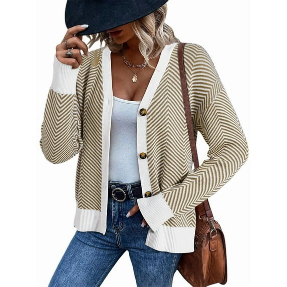 Women'S Casual Open Front Long Sleeve Chunky Knit Striped Cardigan Sweaters Outerwear Coats Apricot M