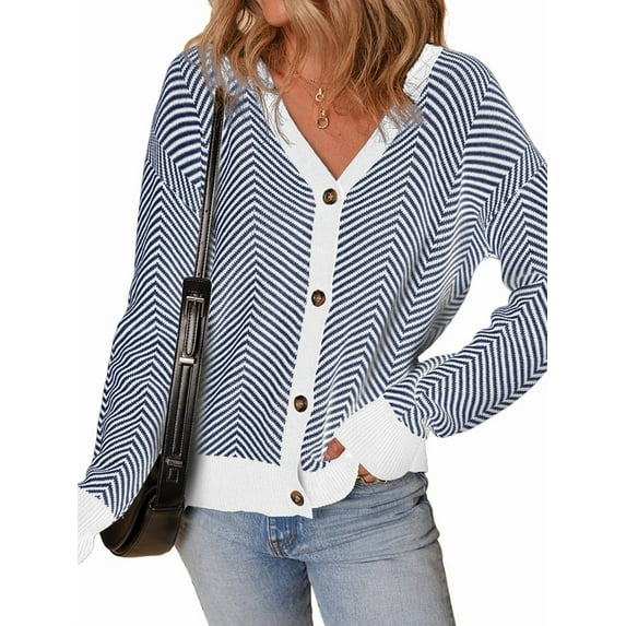 Women'S Casual Open Front Long Sleeve Chunky Knit Striped Cardigan Sweaters Outerwear Coats Blue XL