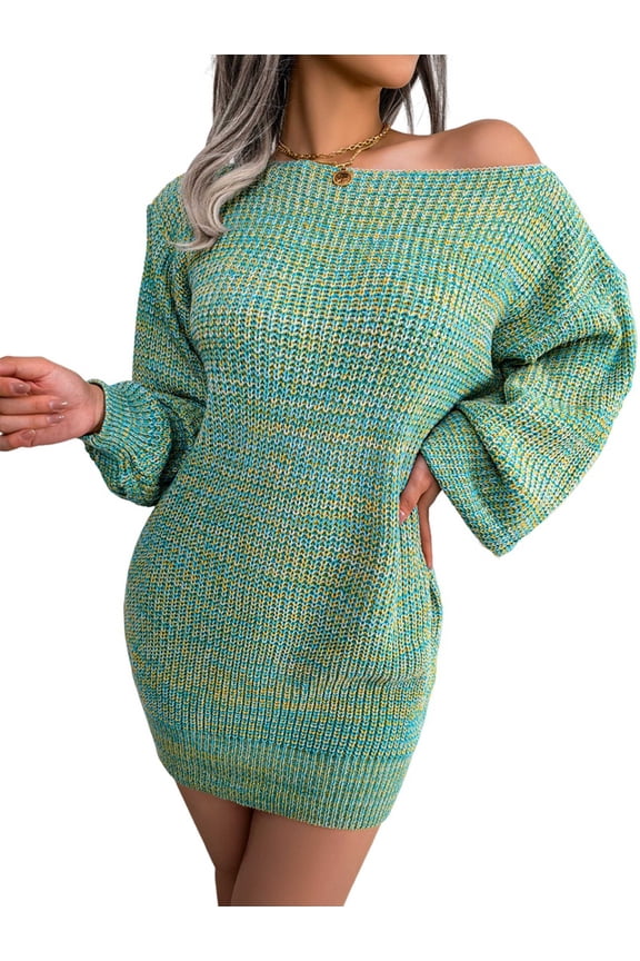 Women'S Casual Oversized Off-the-Shoulder Lantern Sleeve Sweater Dress Long Chunky Pullover Blue L