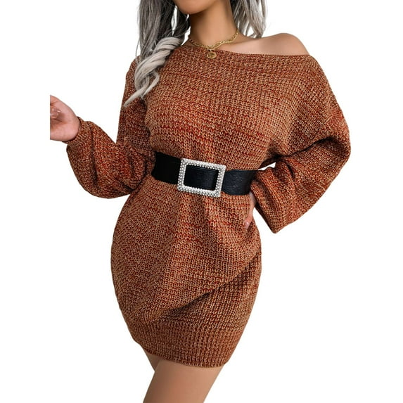 Women'S Casual Oversized Off-the-Shoulder Lantern Sleeve Sweater Dress Long Chunky Pullover Orange Color M