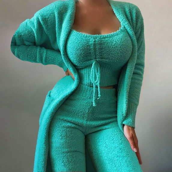 Women'S Casual Pajamas 3-Piece Set Solid Plush Chest Tie Vests And Long Sleeve Overcoat Tops And Long Pants Suits Fall And Winter Green XL
