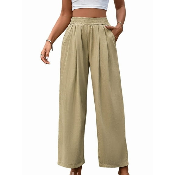 Women'S Casual Pants Loose Drawstring High Waist Wide Leg Beach Pants with Pockets Apricot S