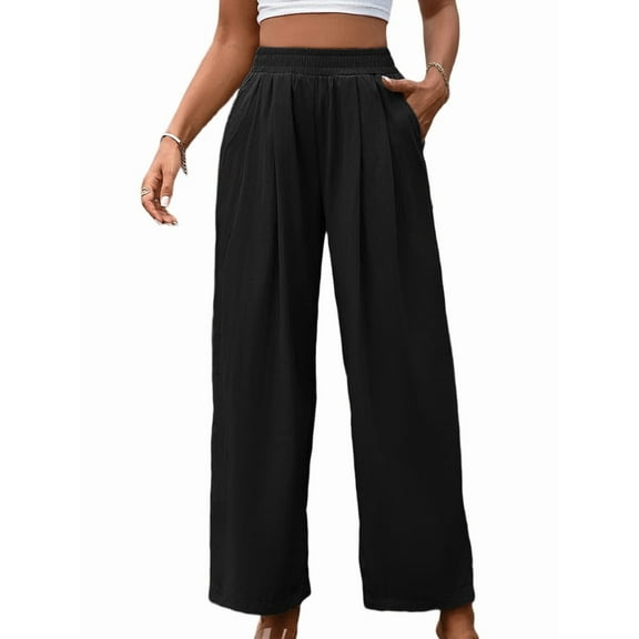 Women'S Casual Pants Loose Drawstring High Waist Wide Leg Beach Pants with Pockets Black XXL