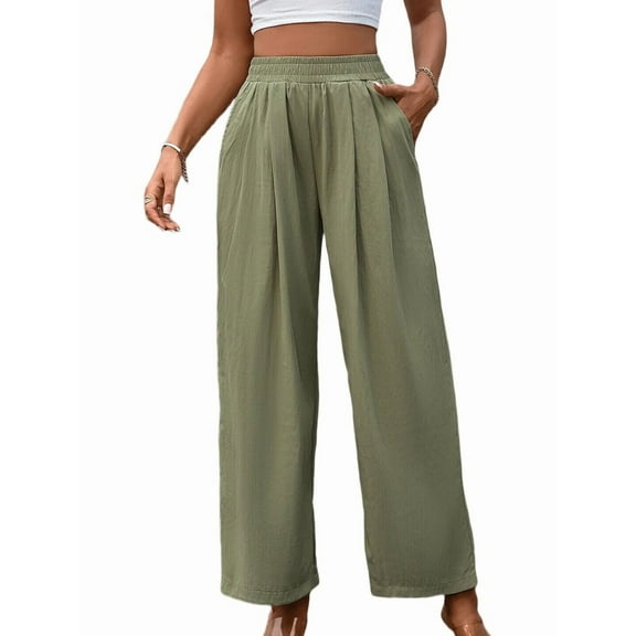 Women'S Casual Pants Loose Drawstring High Waist Wide Leg Beach Pants with Pockets Green XXL