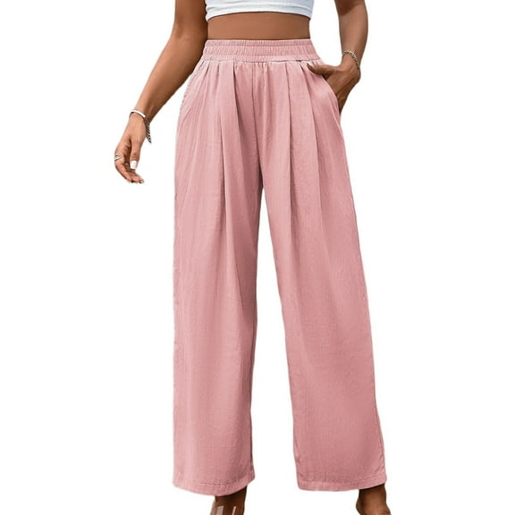Women'S Casual Pants Loose Drawstring High Waist Wide Leg Beach Pants with Pockets Pink XL