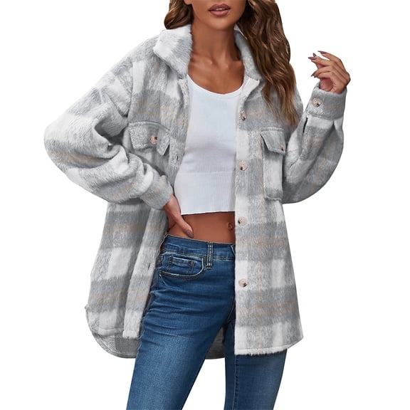 Women S Casual Plaid Flannel Shacket Jacket Oversized Button Down Long Sleeve Fall Shirt Jacket Coat Tops winter clothing for women