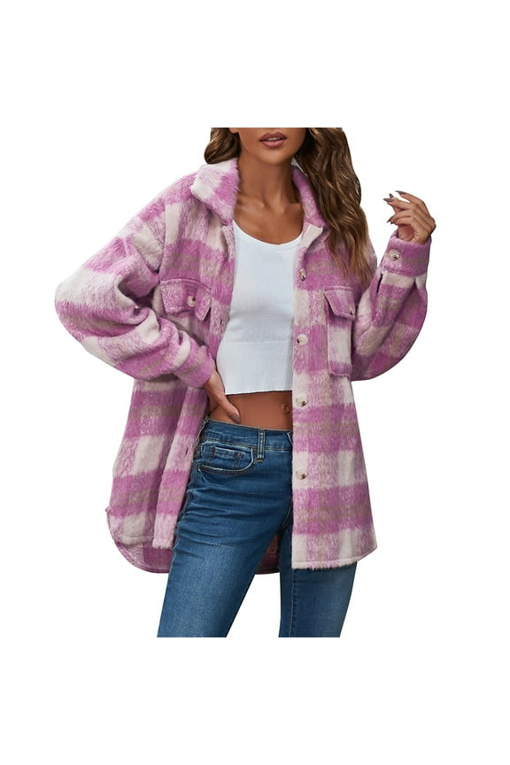 Women S Casual Plaid Flannel Shacket Jacket Oversized Button Down Long Sleeve Fall Shirt Jacket Coat Tops winter clothing for women