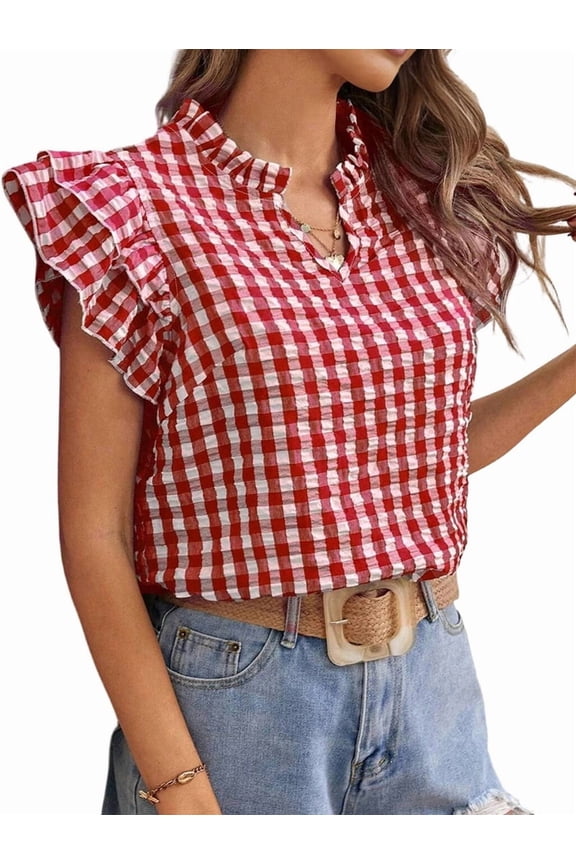 Women'S Casual Plaid Frill V Neck Half Button Layered Flutter Sleeve Blouse Red & White L