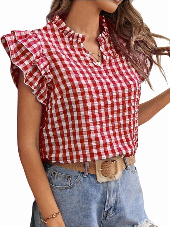 Women'S Casual Plaid Frill V Neck Half Button Layered Flutter Sleeve Blouse Red & White XL