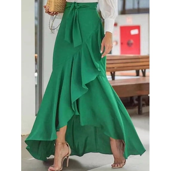 Women'S Casual Plaid Mermaid Maxi Skirt A Line Irregular Ruffle Hem Fishtail Long Skirt Green 4XL