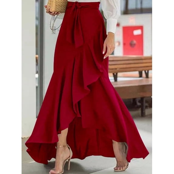 Women'S Casual Plaid Mermaid Maxi Skirt A Line Irregular Ruffle Hem Fishtail Long Skirt Wine Red L