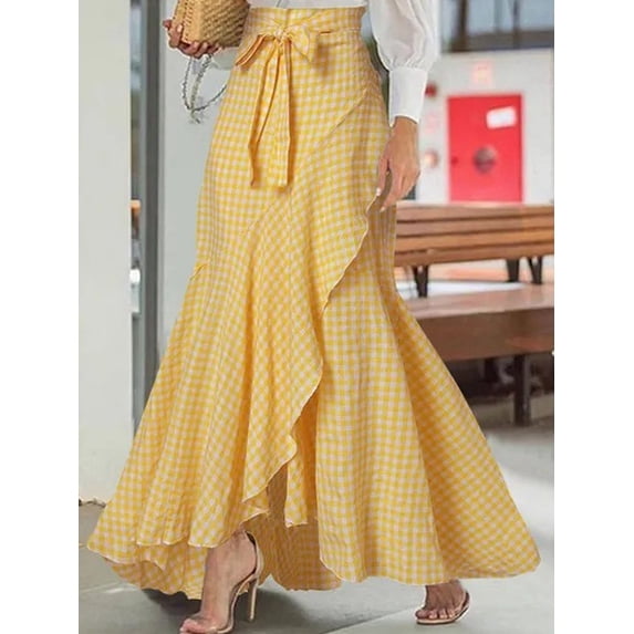 Women'S Casual Plaid Mermaid Maxi Skirt A Line Irregular Ruffle Hem Fishtail Long Skirt Yellow XL