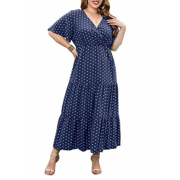 Women'S Casual Plus Size Polka Dots Dress Summer Short Sleeve V Neck Loose Tiered Maxi Dresses Blue 4XL