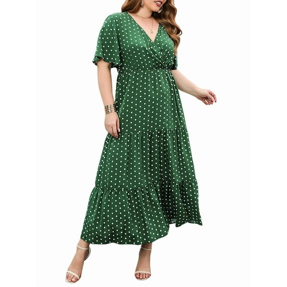Women'S Casual Plus Size Polka Dots Dress Summer Short Sleeve V Neck Loose Tiered Maxi Dresses Green XL