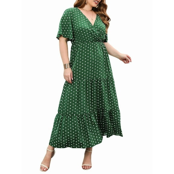 Women'S Casual Plus Size Polka Dots Dress Summer Short Sleeve V Neck Loose Tiered Maxi Dresses Green XXL